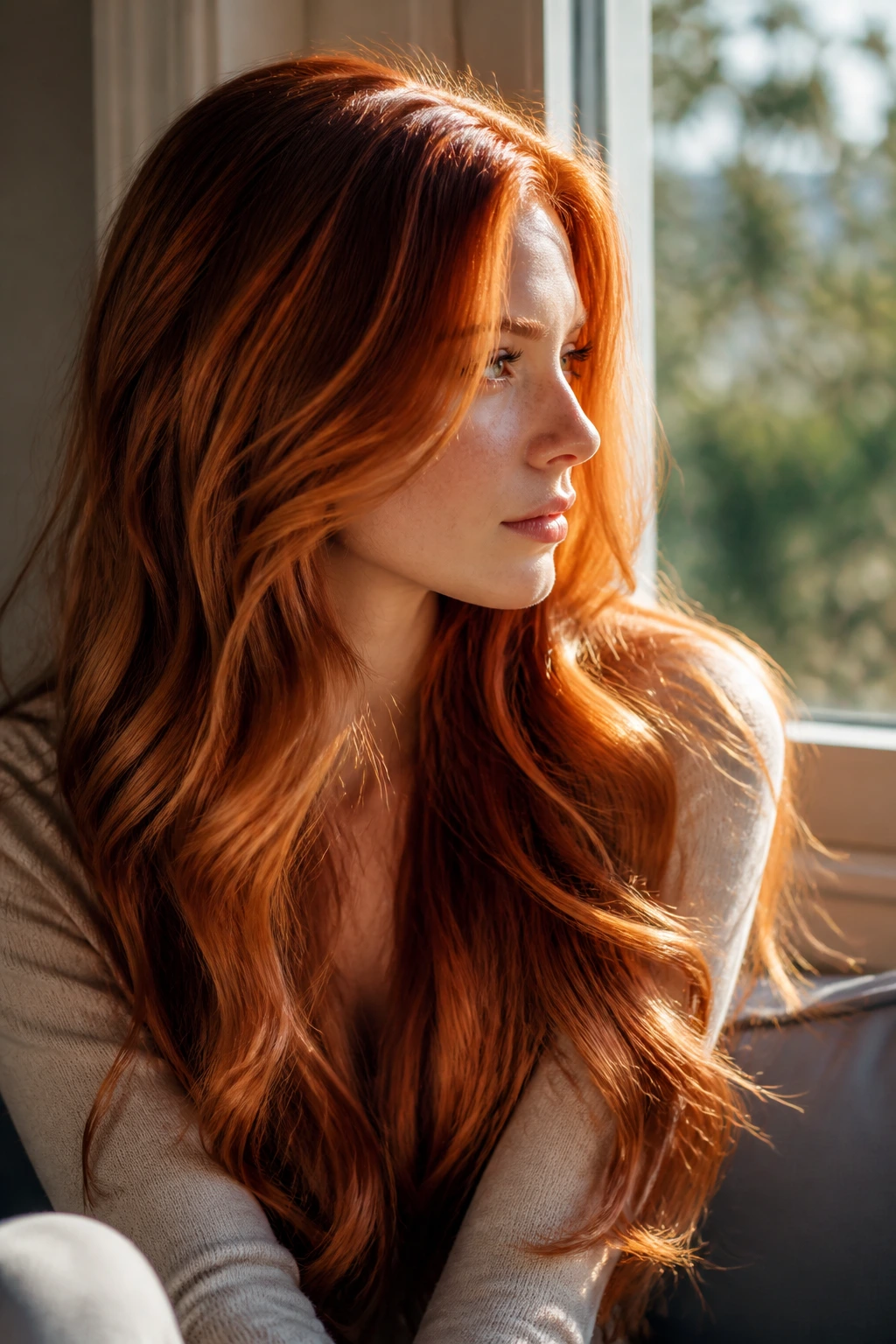 Close-up side profile of real person with long ginger hair showing shifting tones in changing light