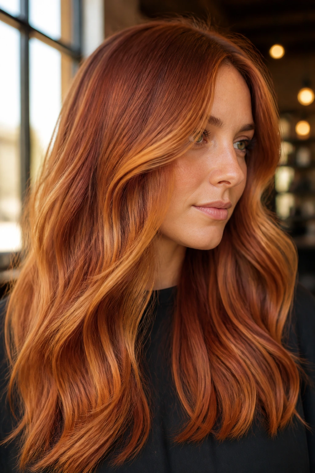 Close-up portrait of a real person with multi-toned ginger shades creating depth and movement in the hair