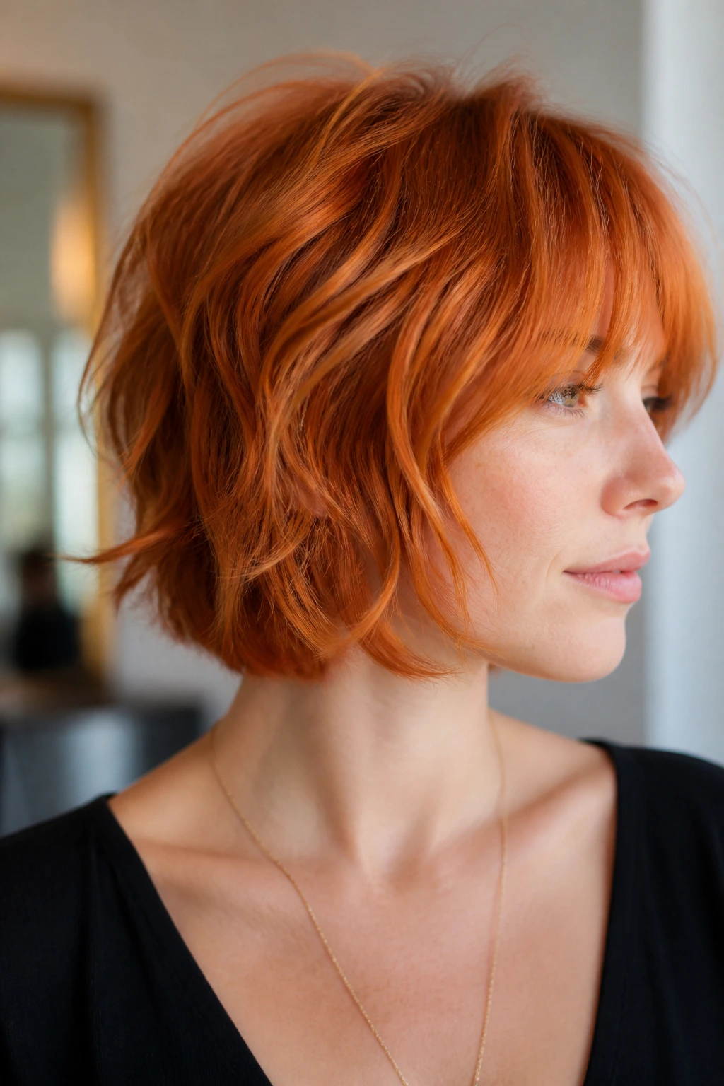 Real person with chin-length ginger shag close-up