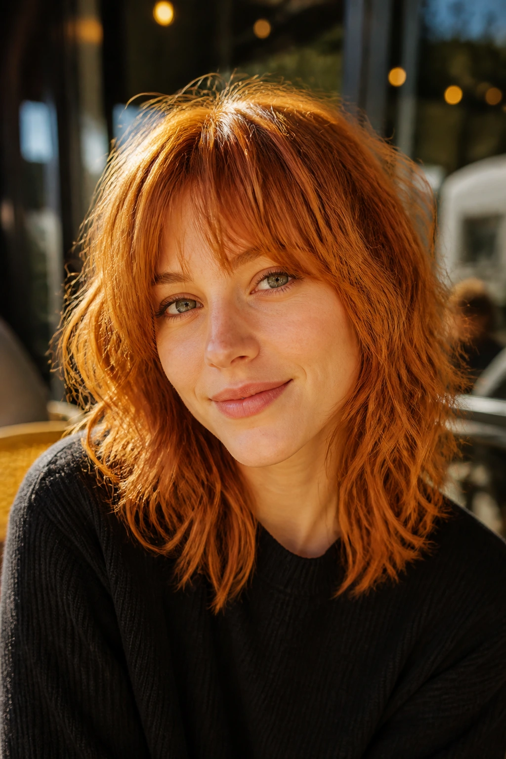 Portrait of a real woman with a ginger shag in golden hour light