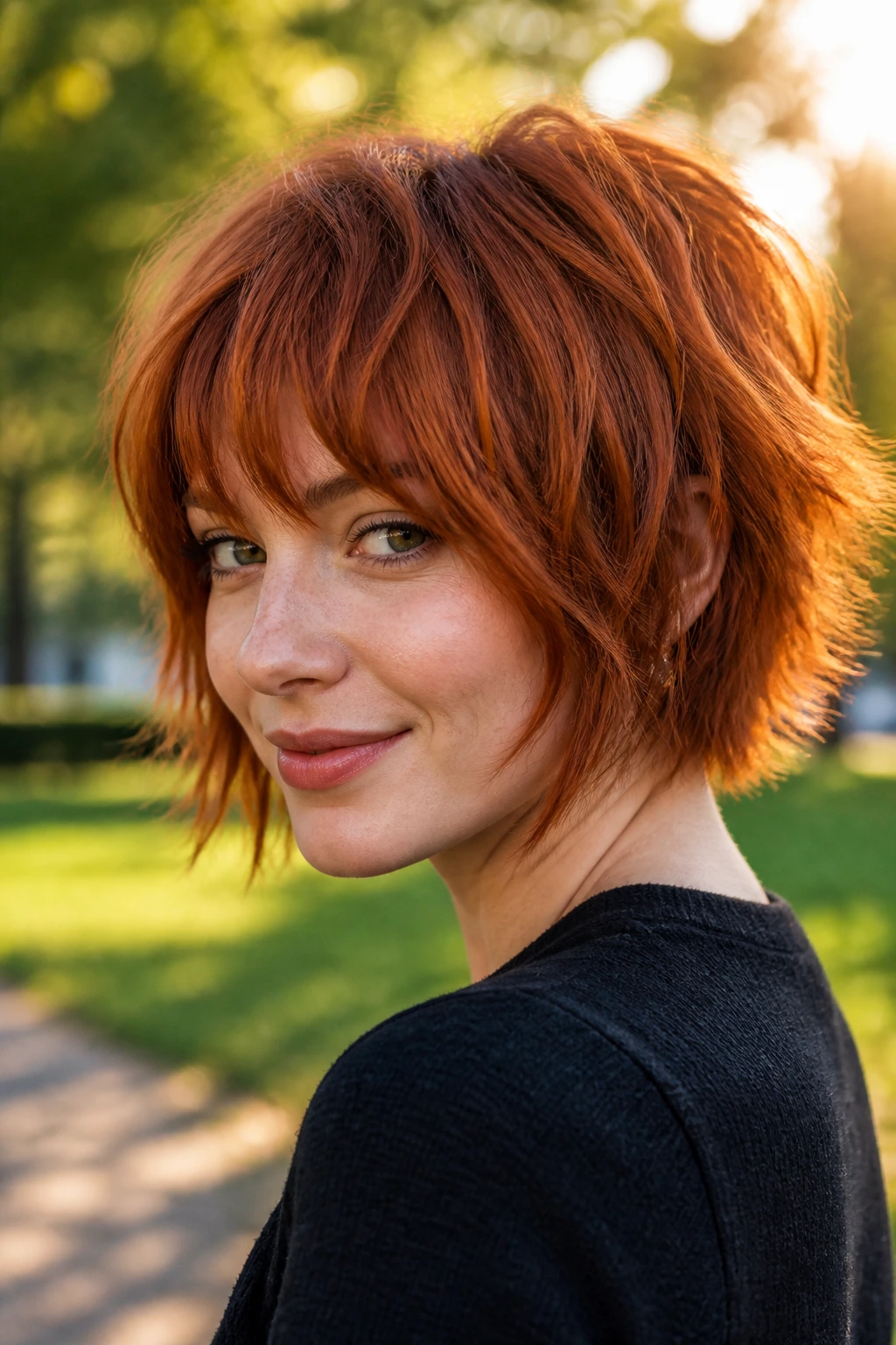 Portrait of a woman with ginger shag in a park during golden hour