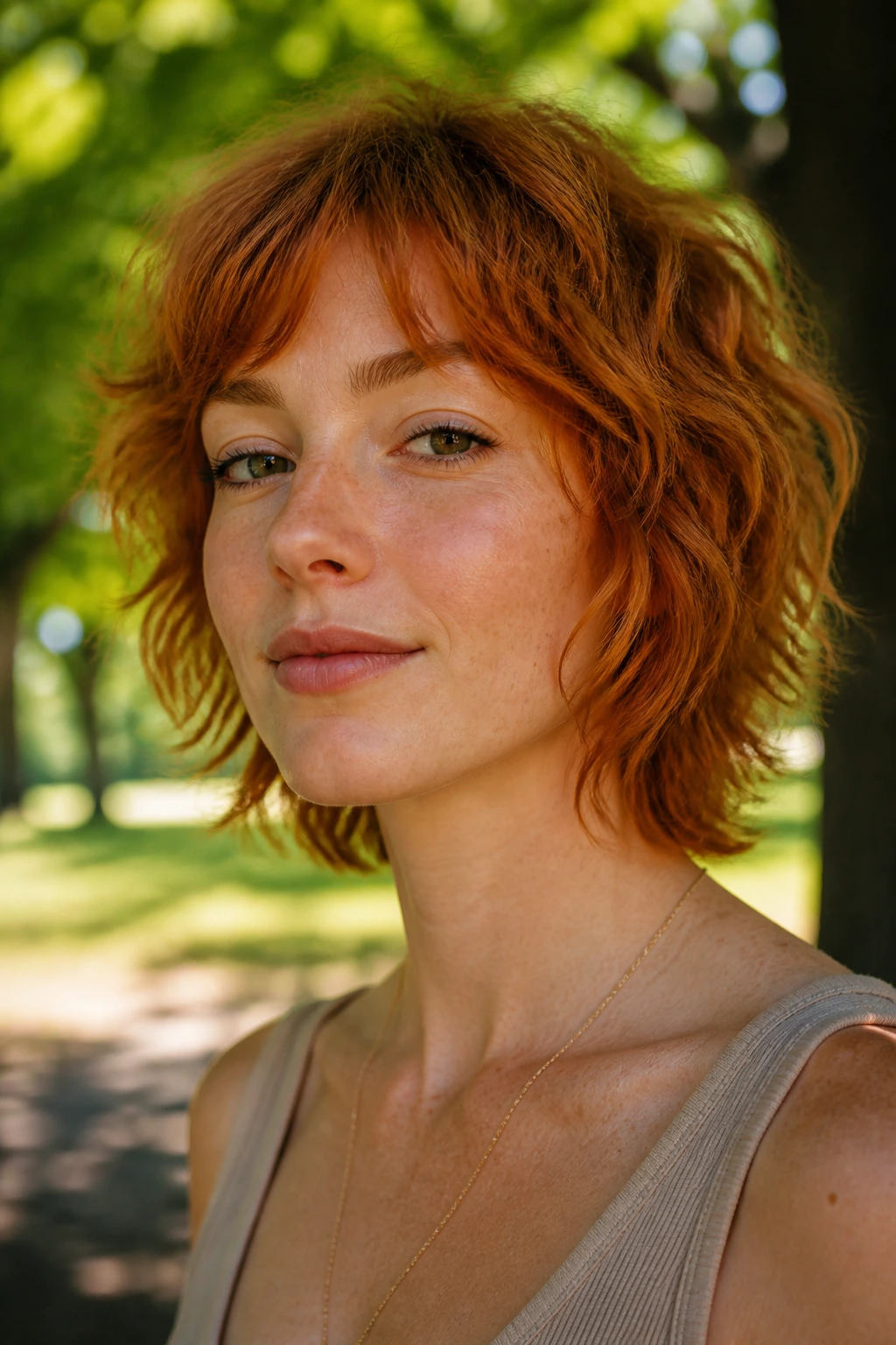 Portrait of woman with air-dried ginger shag in natural light