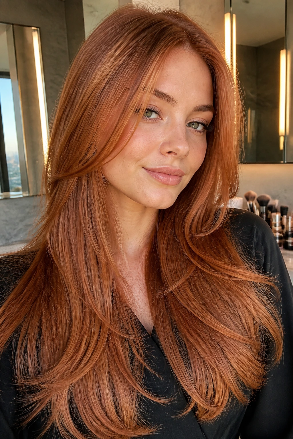 Portrait of a real woman with glossy ginger spice long blowout