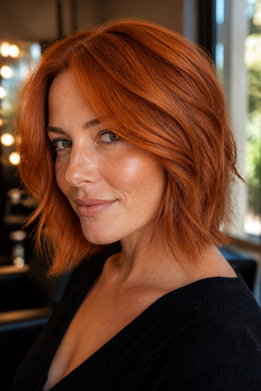 Close-up portrait of a real person with vivid ginger spice copper hair in a warm salon