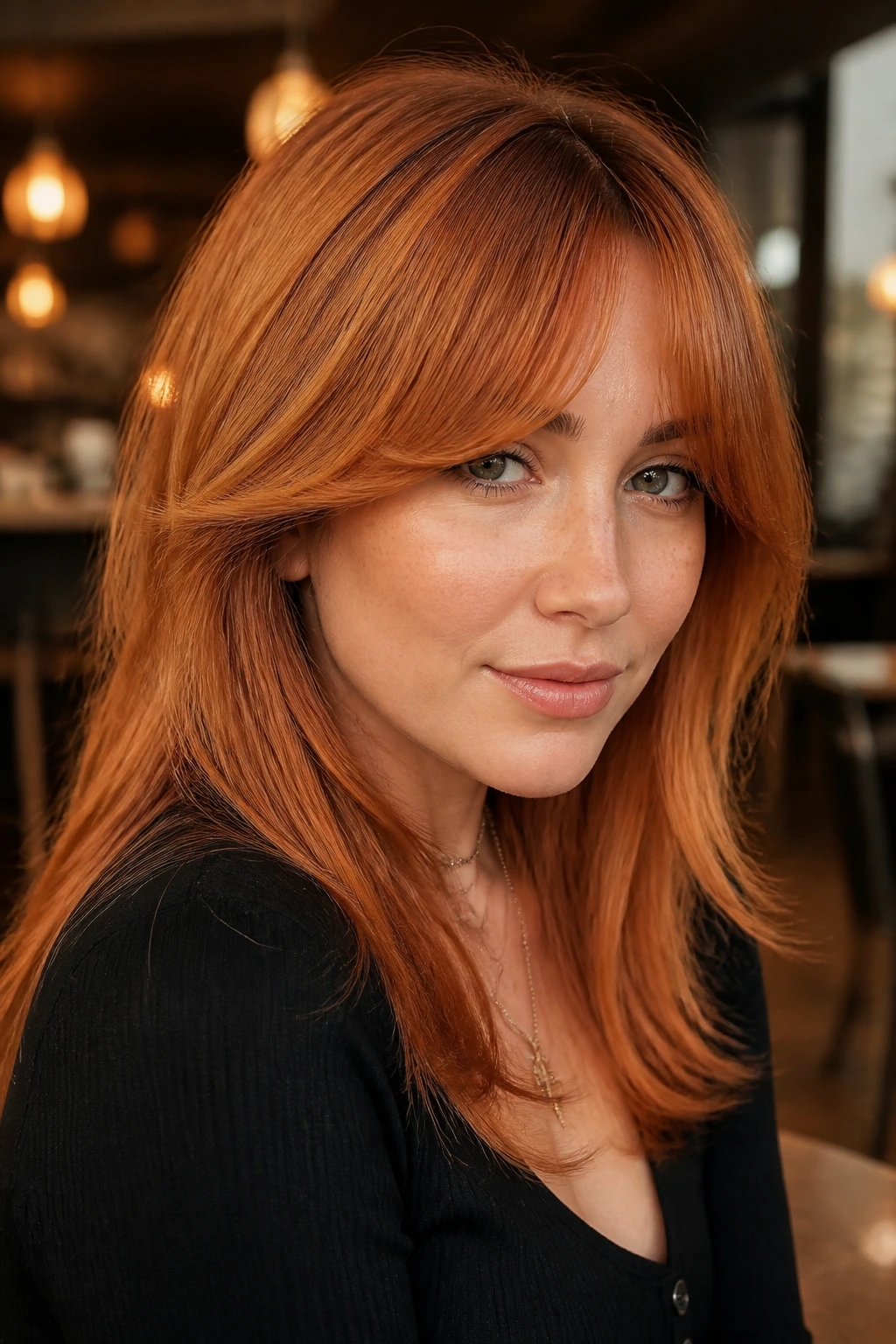 Close-up of a real woman with ginger spice hair and curtain bangs.