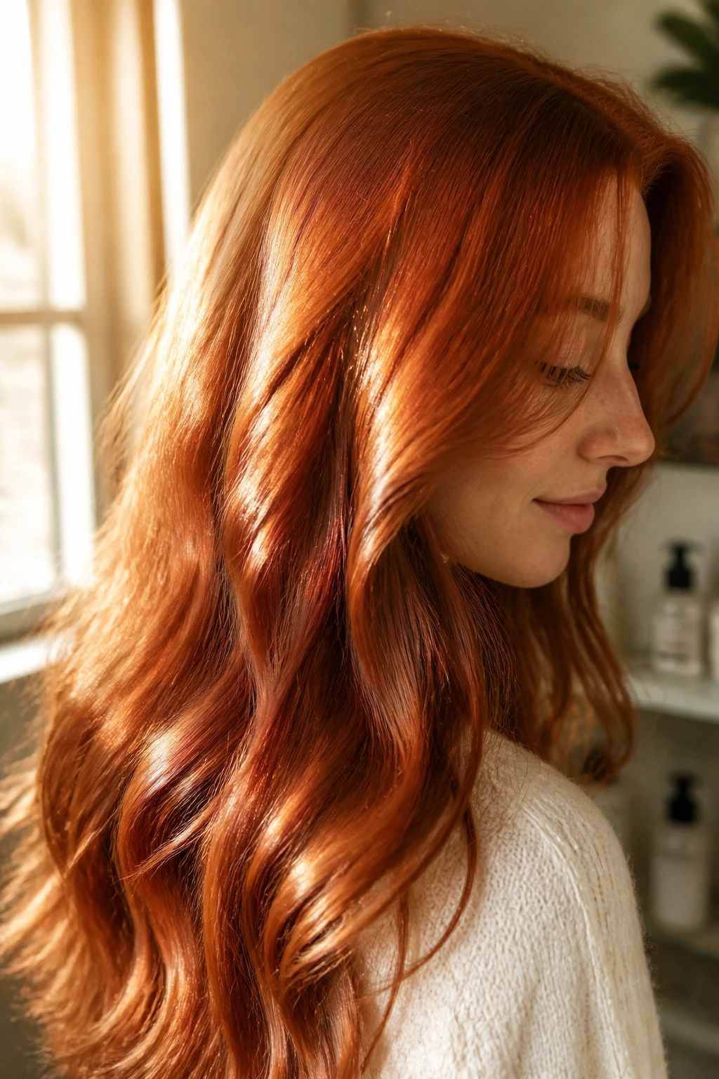 Close-up of glossy copper ginger hair under warm light