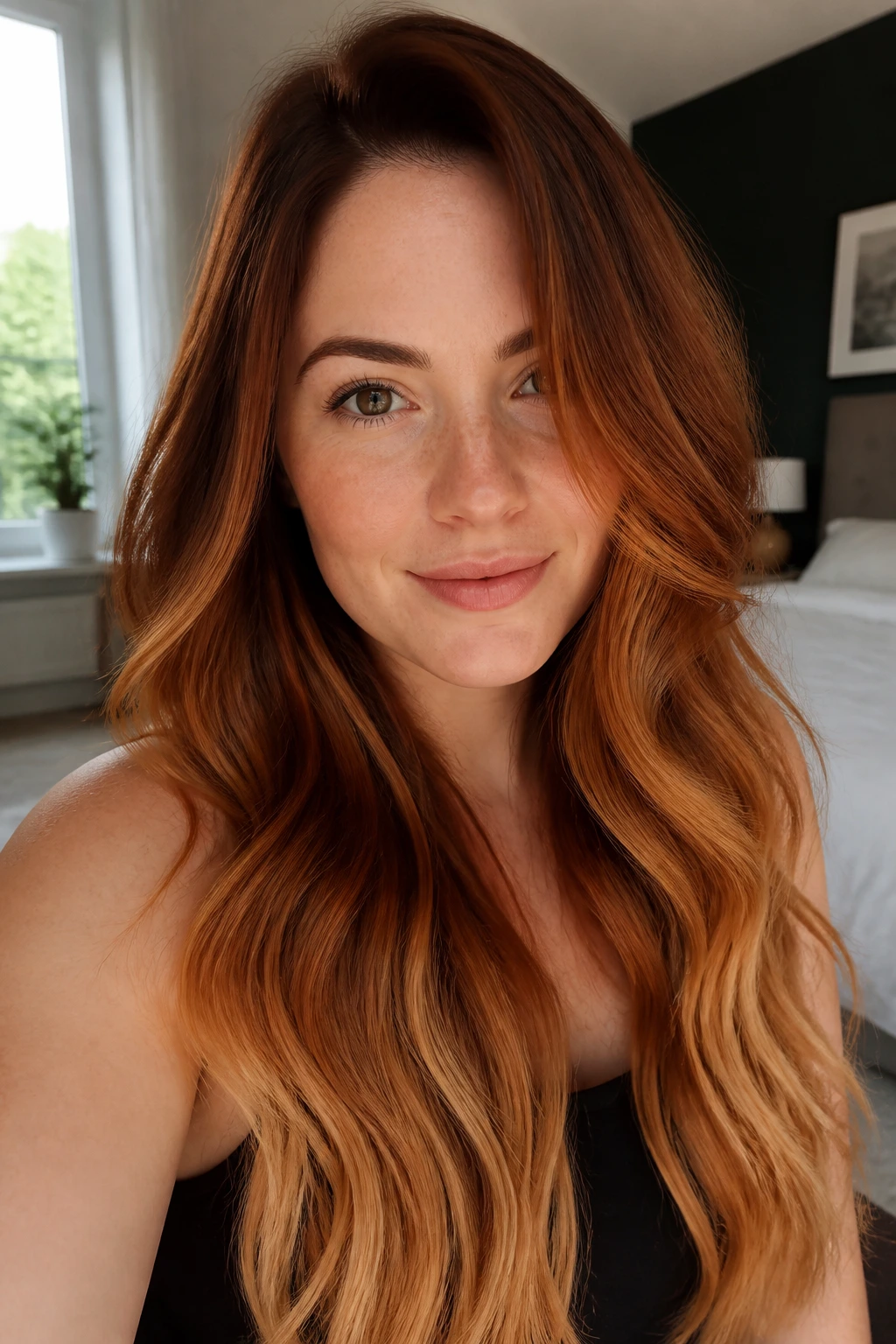 Close-up of real person with long ginger hair showing color variations from root shadow to lighter ends