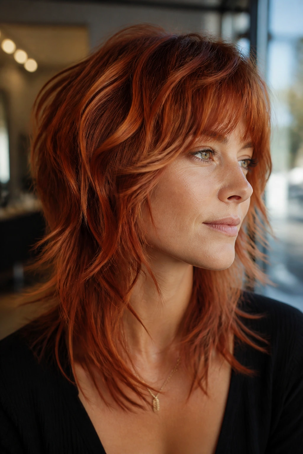 Real woman with ginger wolf cut and copper veils in warm light.