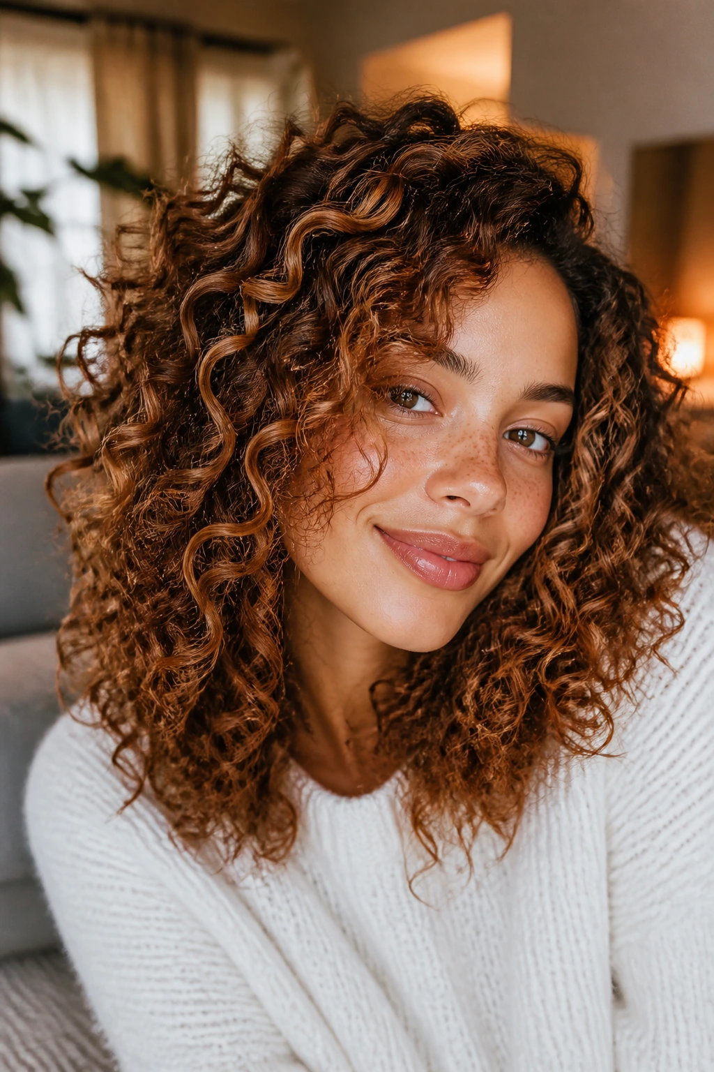 Close-up portrait of a real woman with curly hair and gingered caramel ribbons