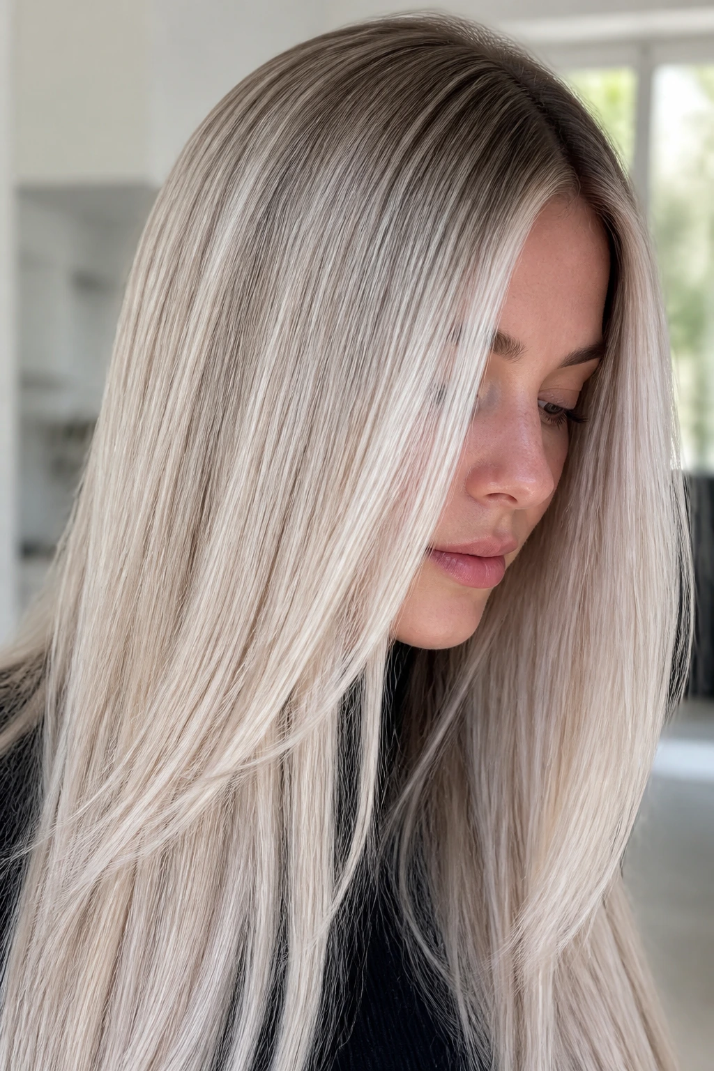 Close-up of a real woman with glacier blonde balayage on straight hair