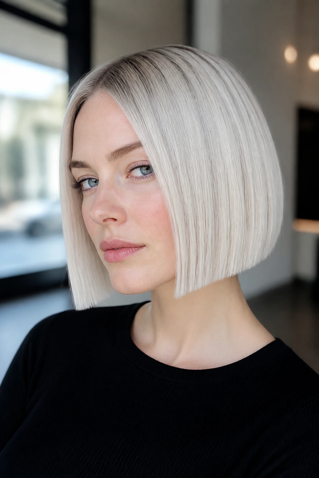 Real woman with glacier blonde blunt bob in high-contrast look.