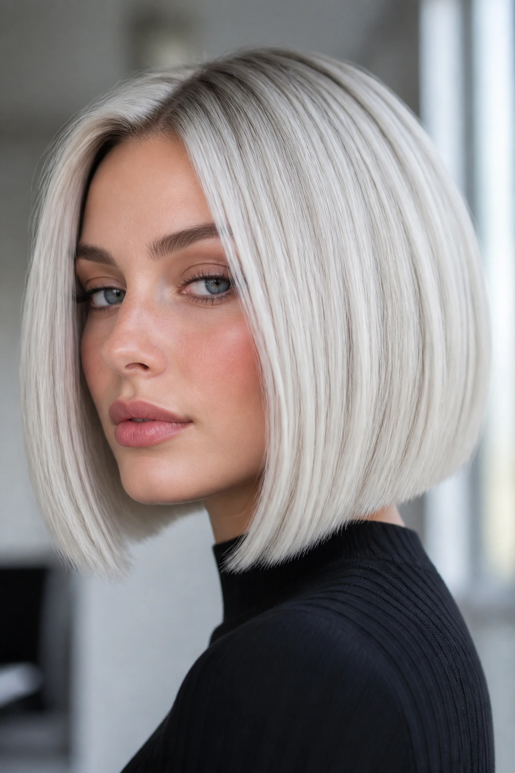 Close-up of a real woman with a glacier blonde bob and sharp edges
