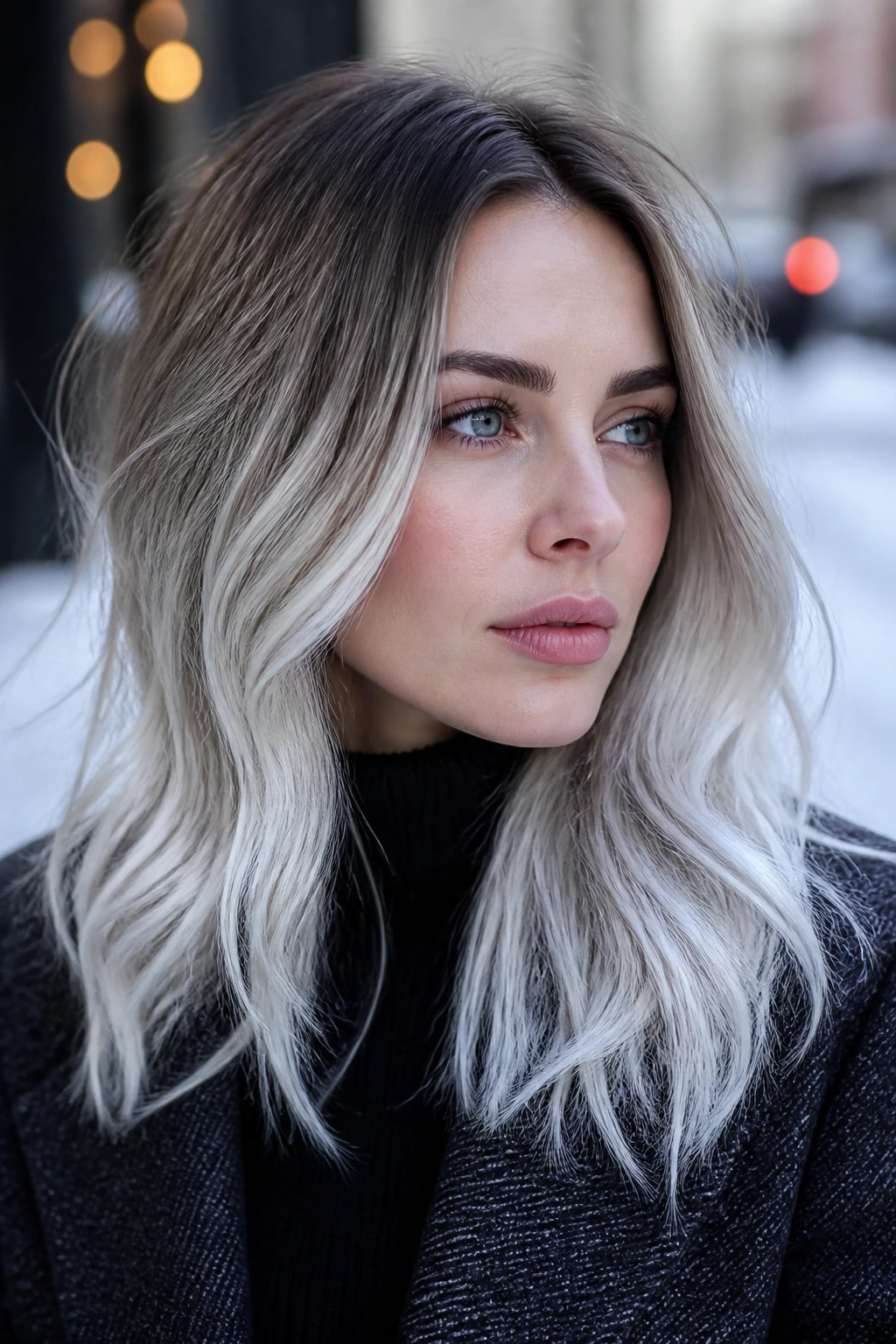 Medium close-up of a real woman with Glacier Ombré hair