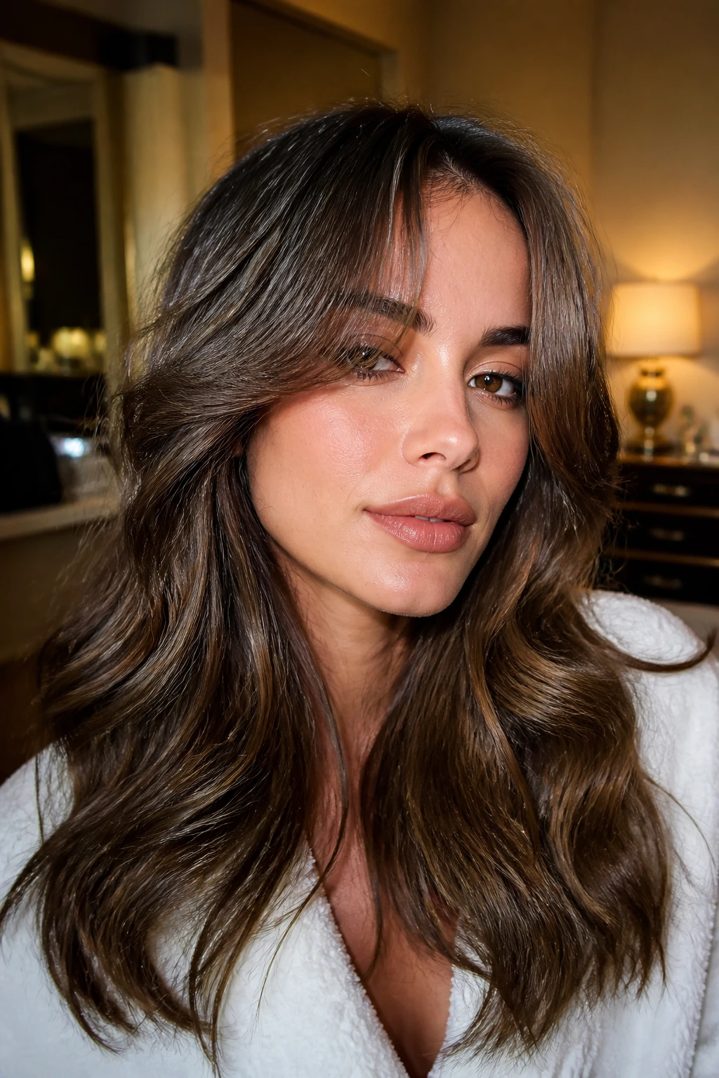 Real woman with glam blowout curtain bangs in hotel dressing room light