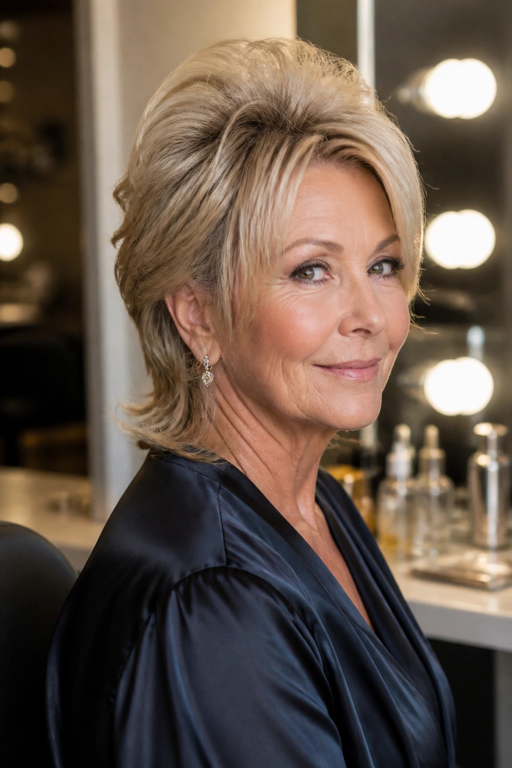 Real woman with glam blowout mullet and lifted crown in an elegant setting