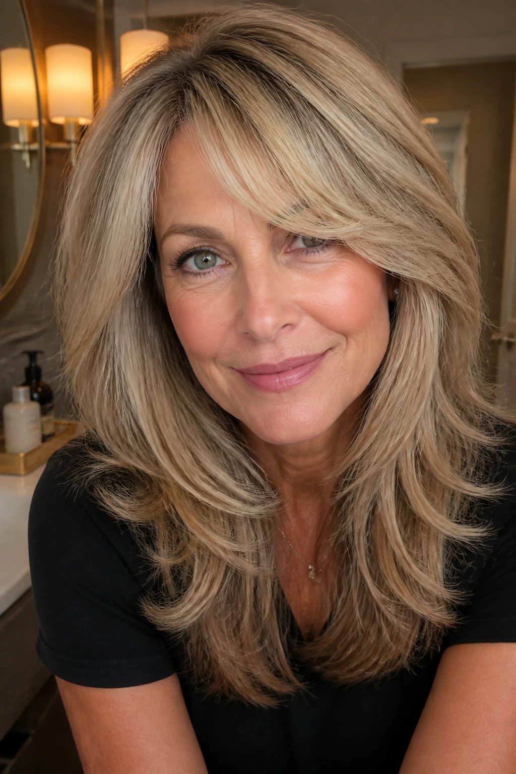 Close-up of a real woman with glam blowout shag