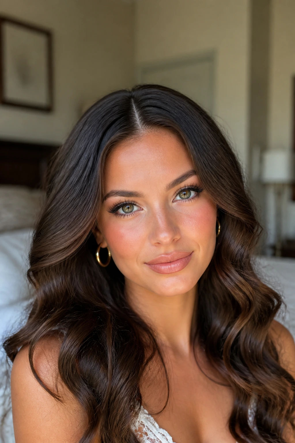 Close-up portrait of a real woman with a clean middle part and glossy loose glam curls