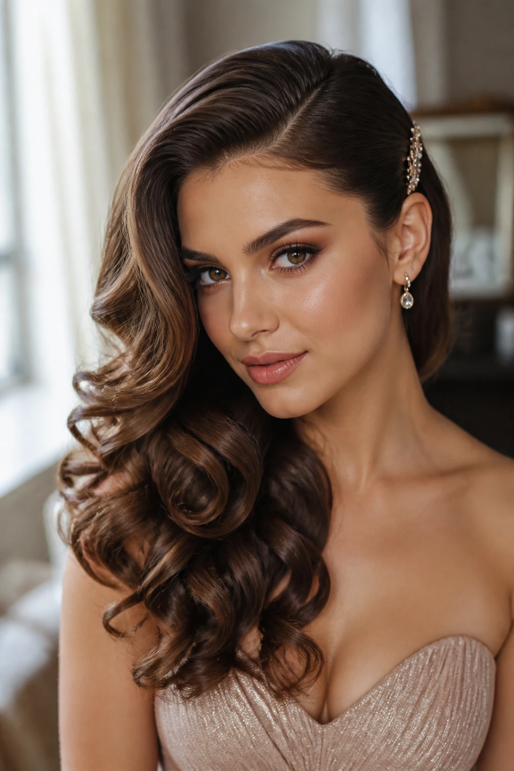 Portrait of a real woman with a deep side part and glam curls, softly lit.