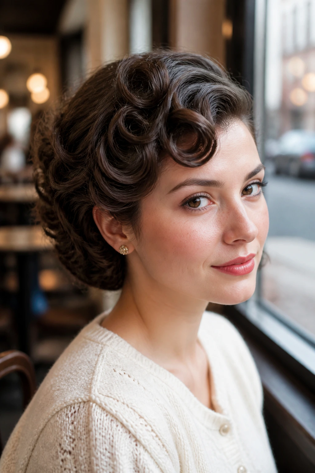 Close-up portrait of side-swept glamorous curls with hidden pin