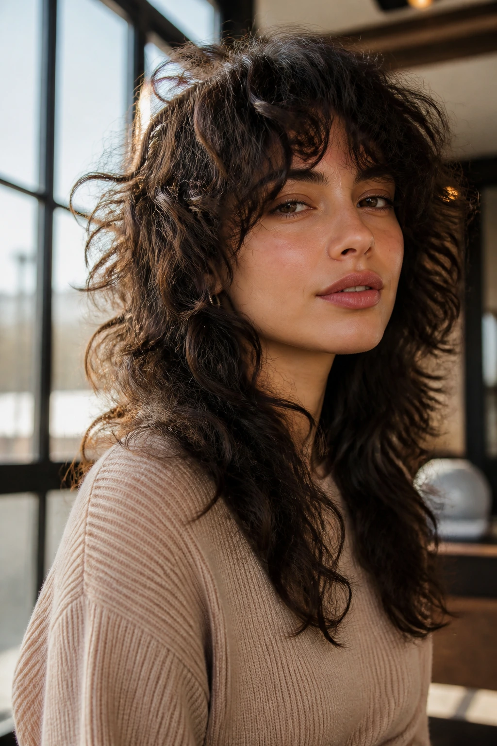 Portrait of a woman with glam curly shag and long floating layers.