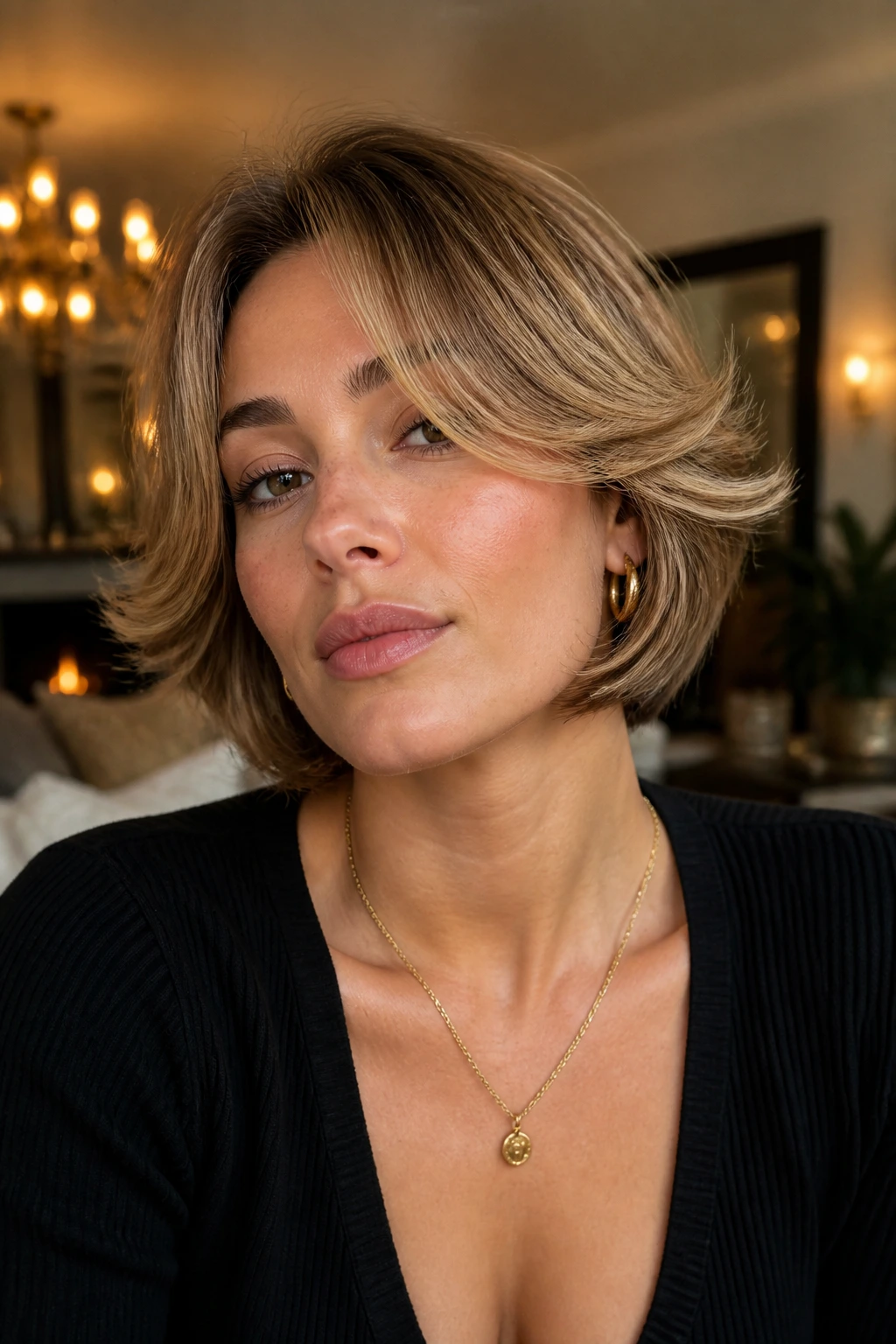 Portrait of a real woman with glam flip-out fringe, bangs flipped outward.