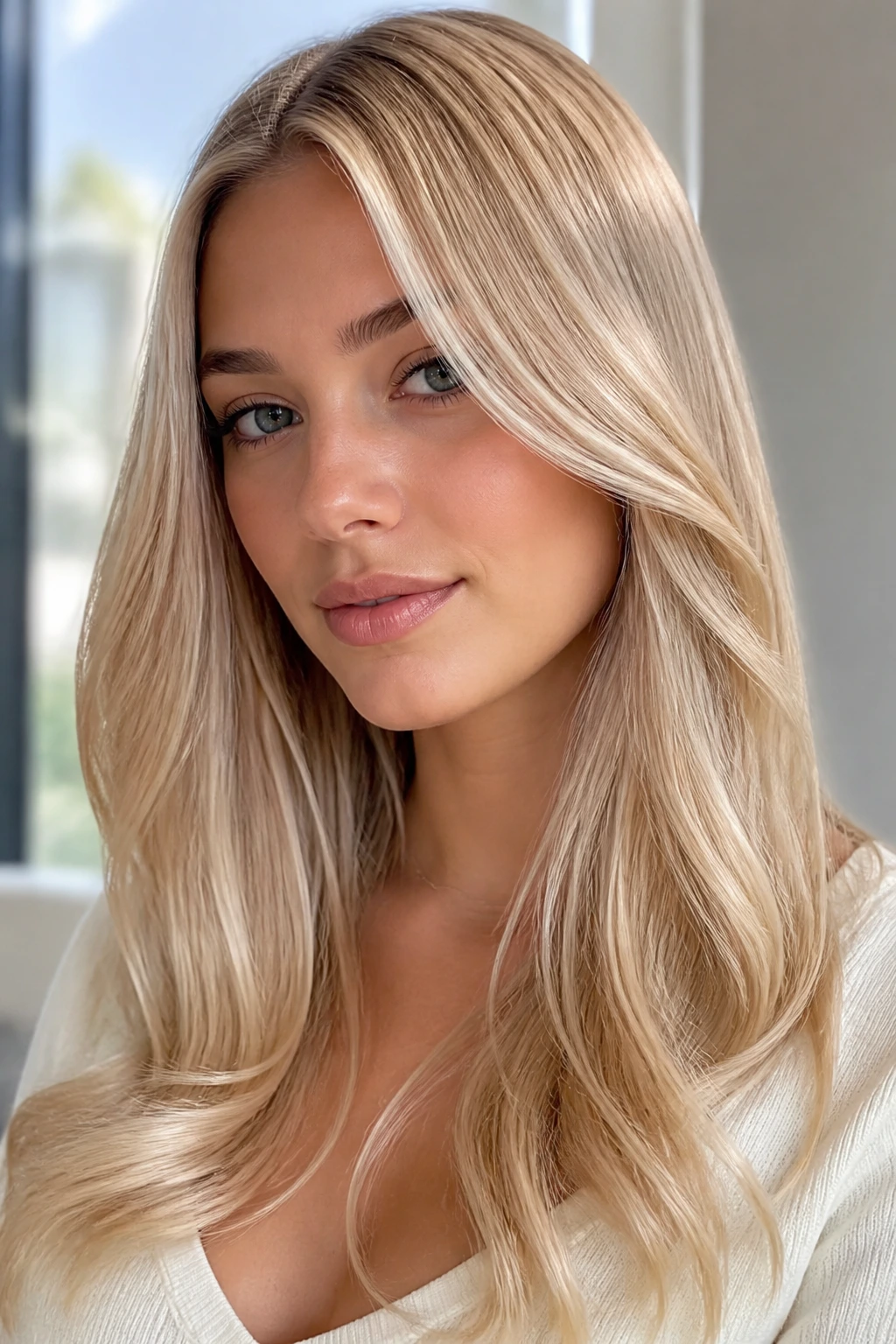 Close-up of a real woman with Glam Glaze Blonde featuring a glossy, polished finish.