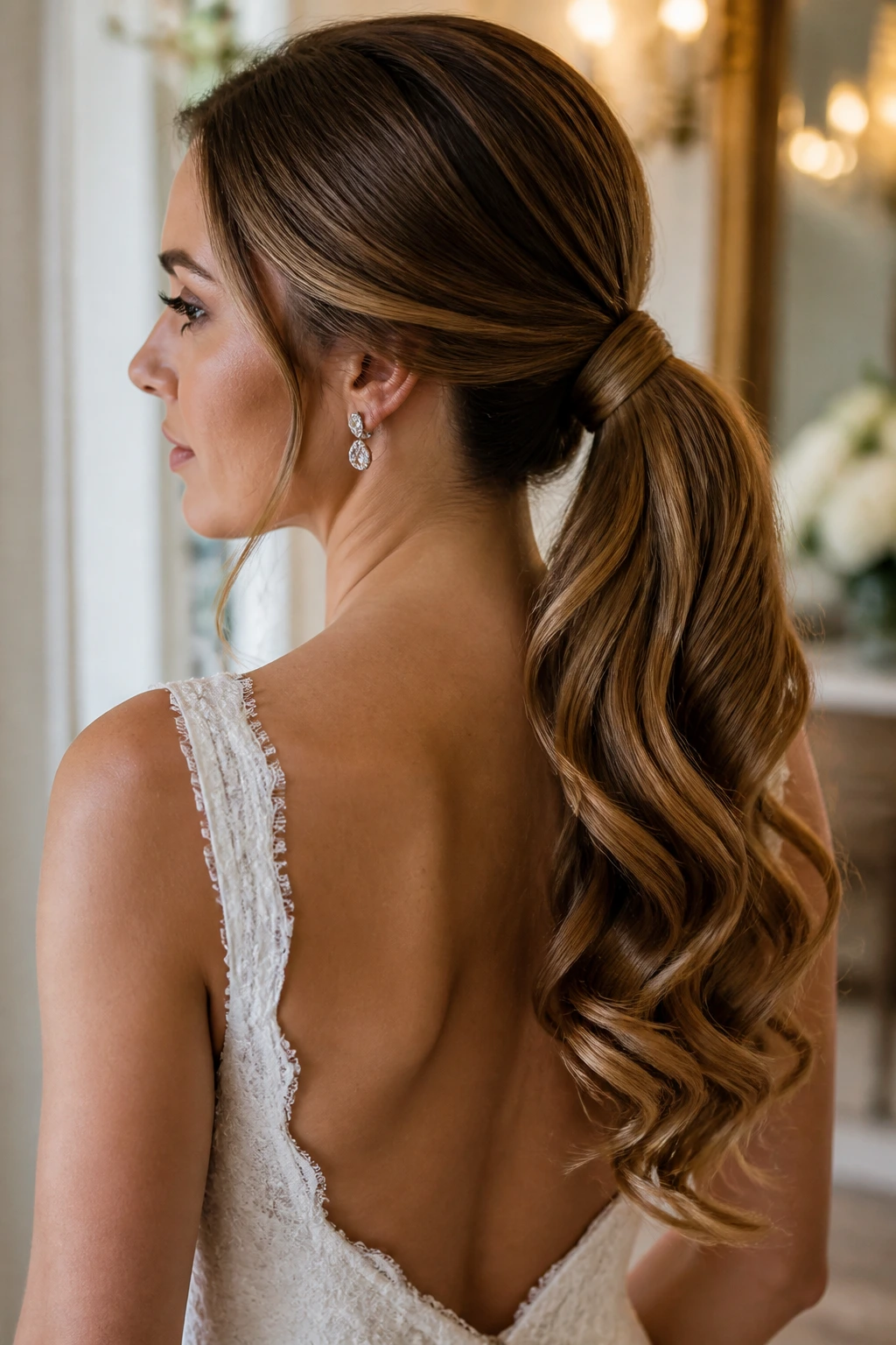 Portrait of bride with glam ponytail wrapped base