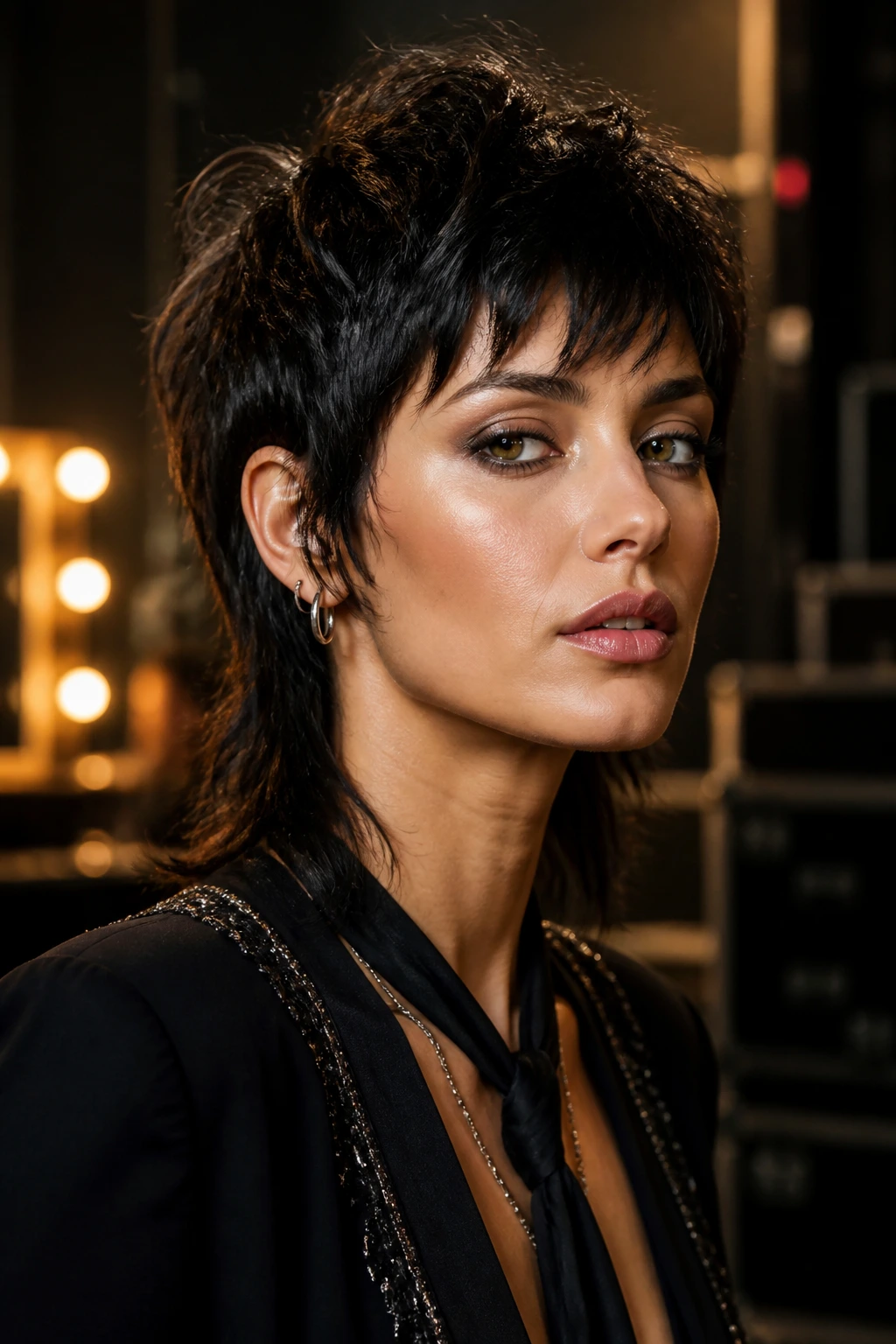 Close-up portrait of a real person with glam rock pixie mullet under backstage lighting