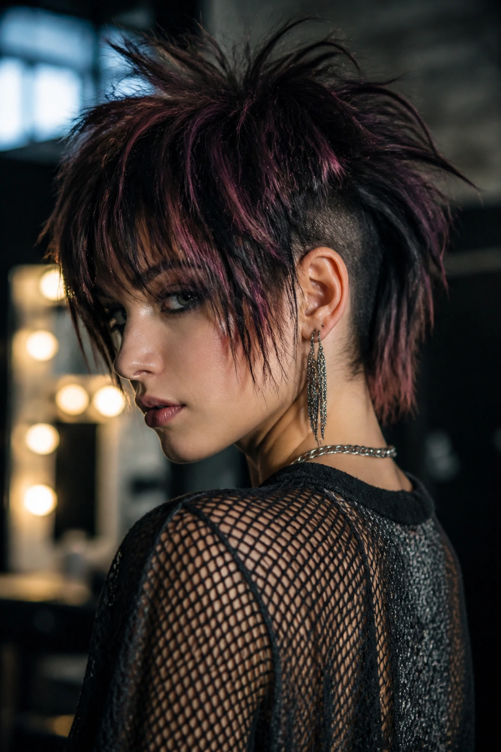 Portrait of a real person with glam rock shag and a full nape undercut in dramatic lighting