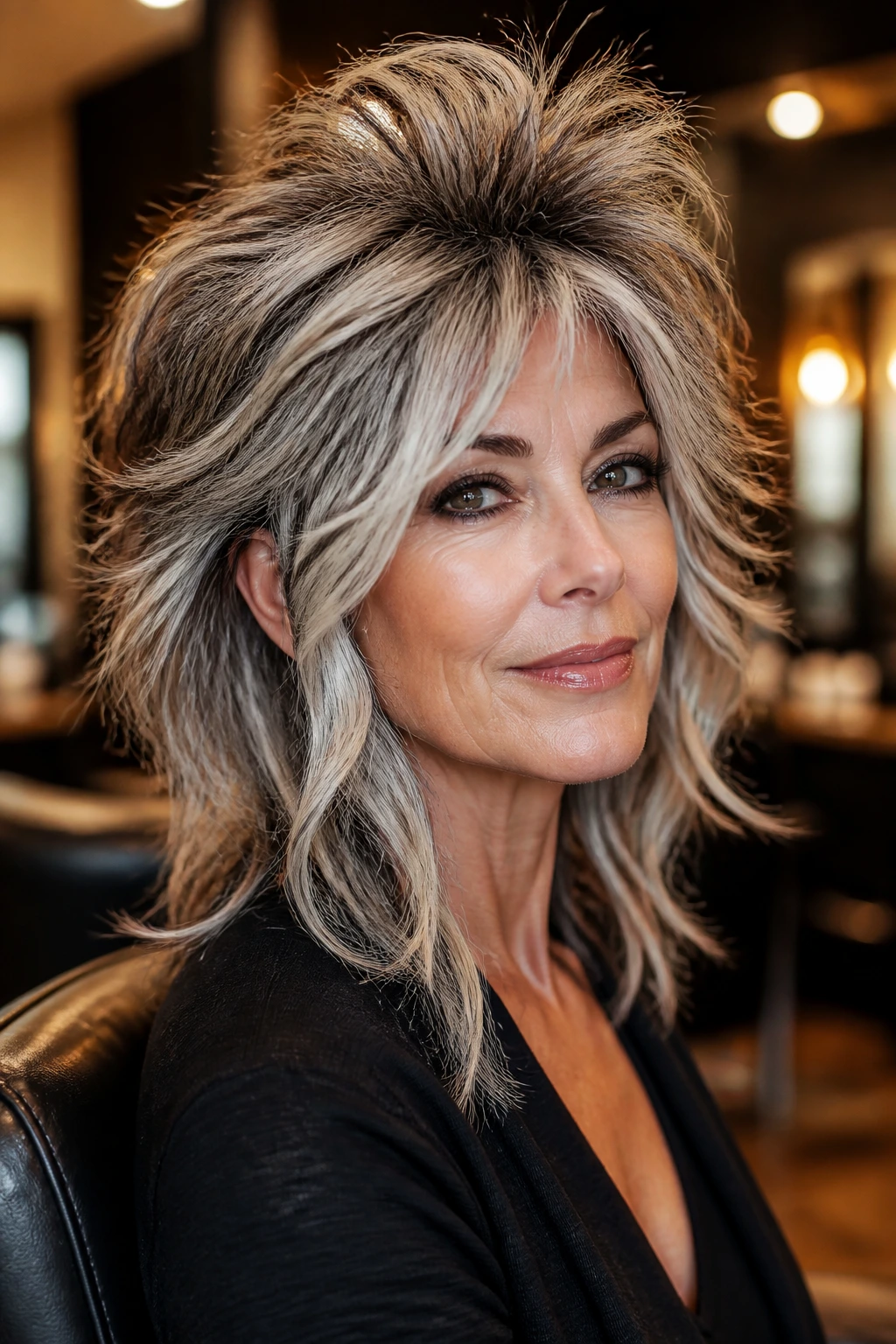 Portrait of an older woman with glam rock shag and voluminous crown in a salon setting.