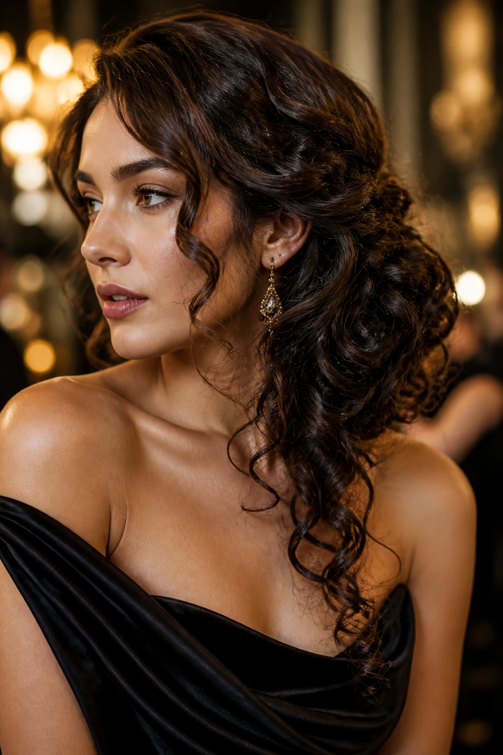 Woman with a glam side bun and cascading curls on one side in a glamorous setting.