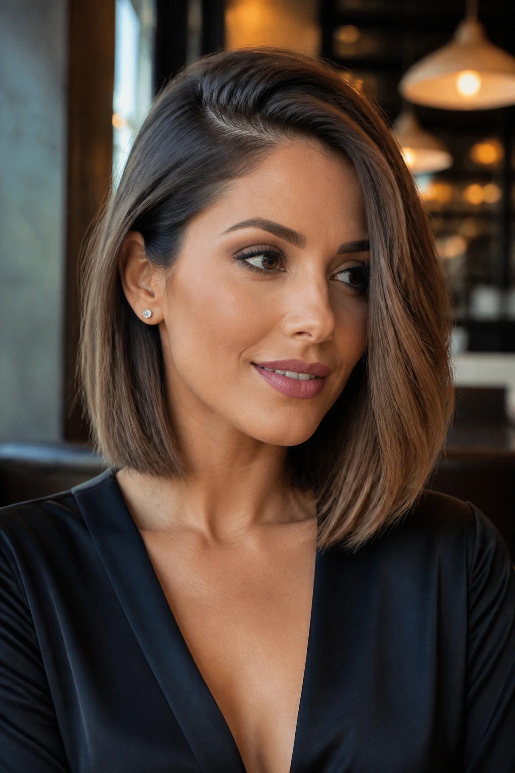 Close-up of a real person with a glam side-part lob in an elegant interior