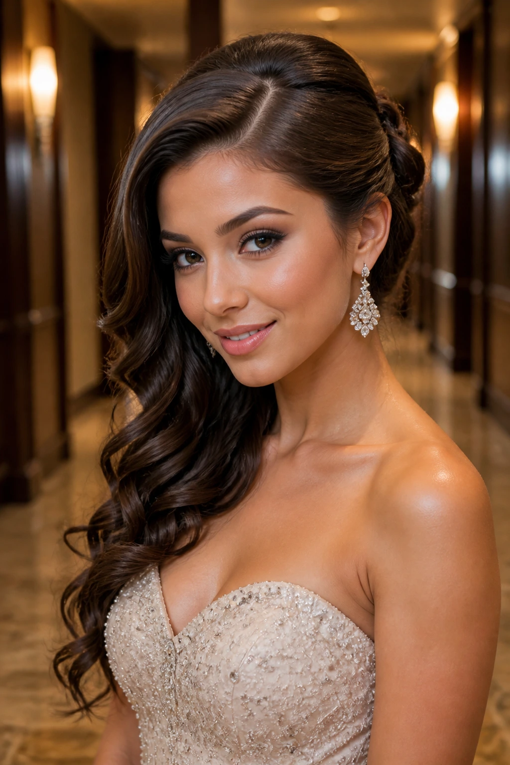 Close-up of a real woman with a glam side sweep half-up hairstyle