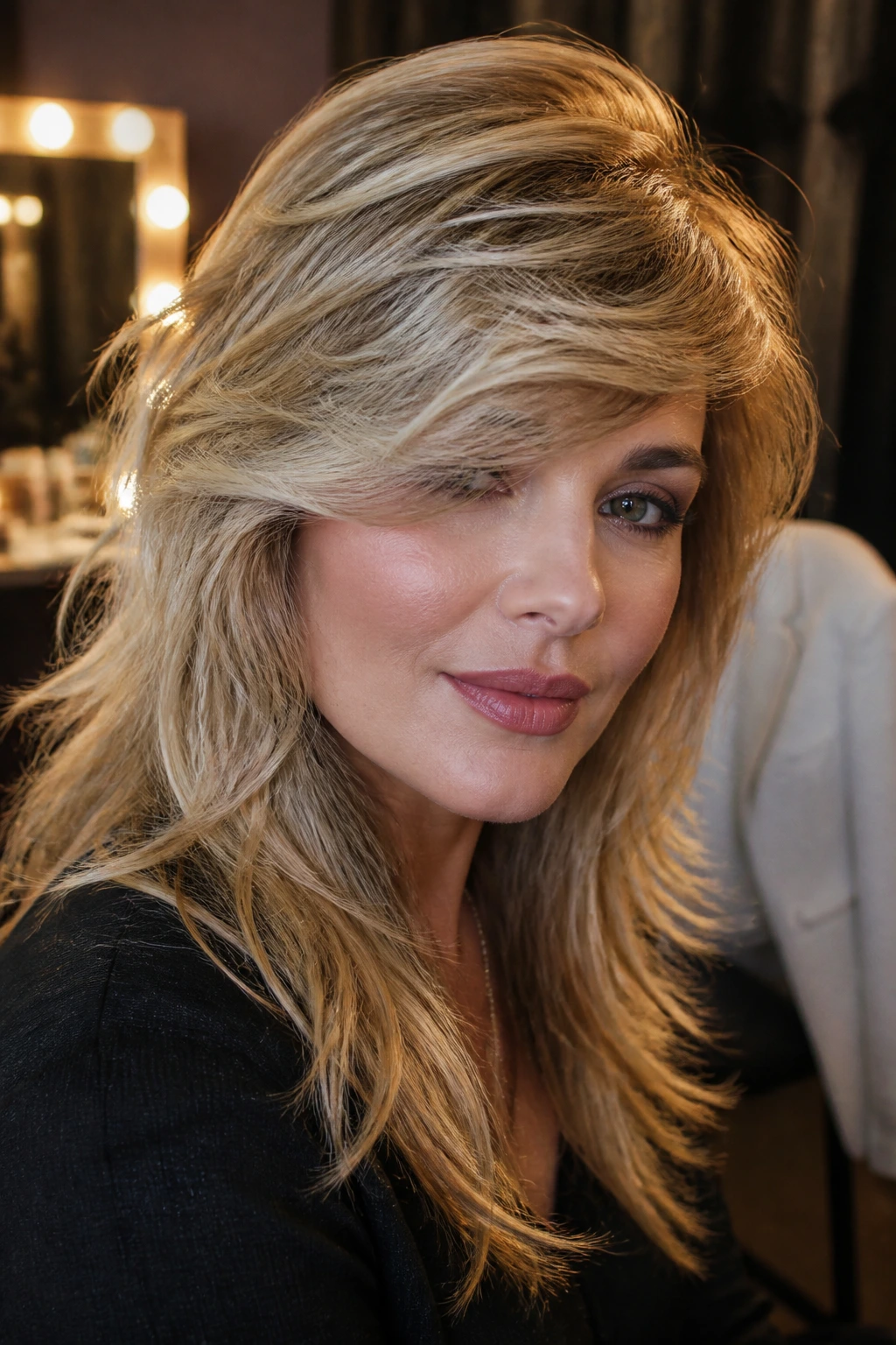 Close-up of a real woman with glam side-sweep shag hairstyle in chic backstage setting