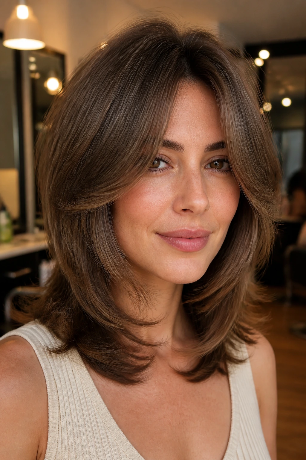 Close-up portrait of a real woman with a glam volume shag in a chic salon setting