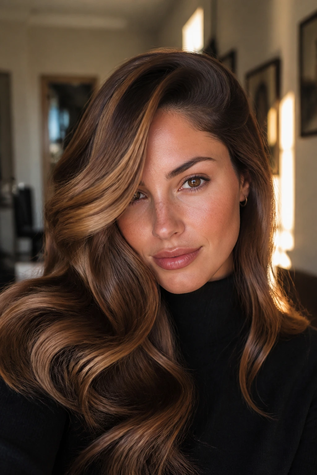Real woman with deep side-part and glamorous waves in a softly lit hallway