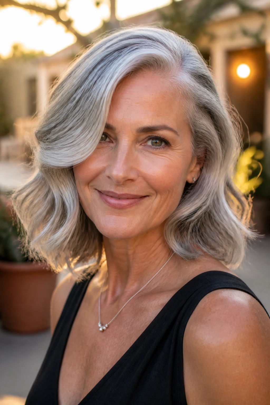 Real woman with deep side-part glam waves in gray hair