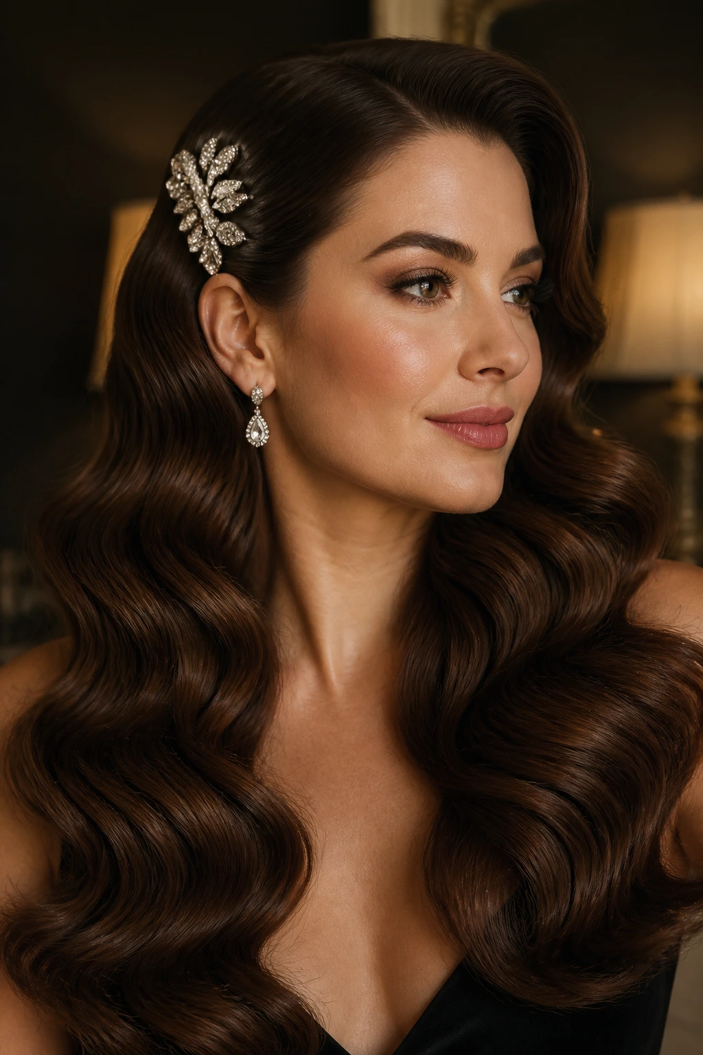 Close-up of a real woman wearing glam waves and a crystal hair clip in an elegant setting.