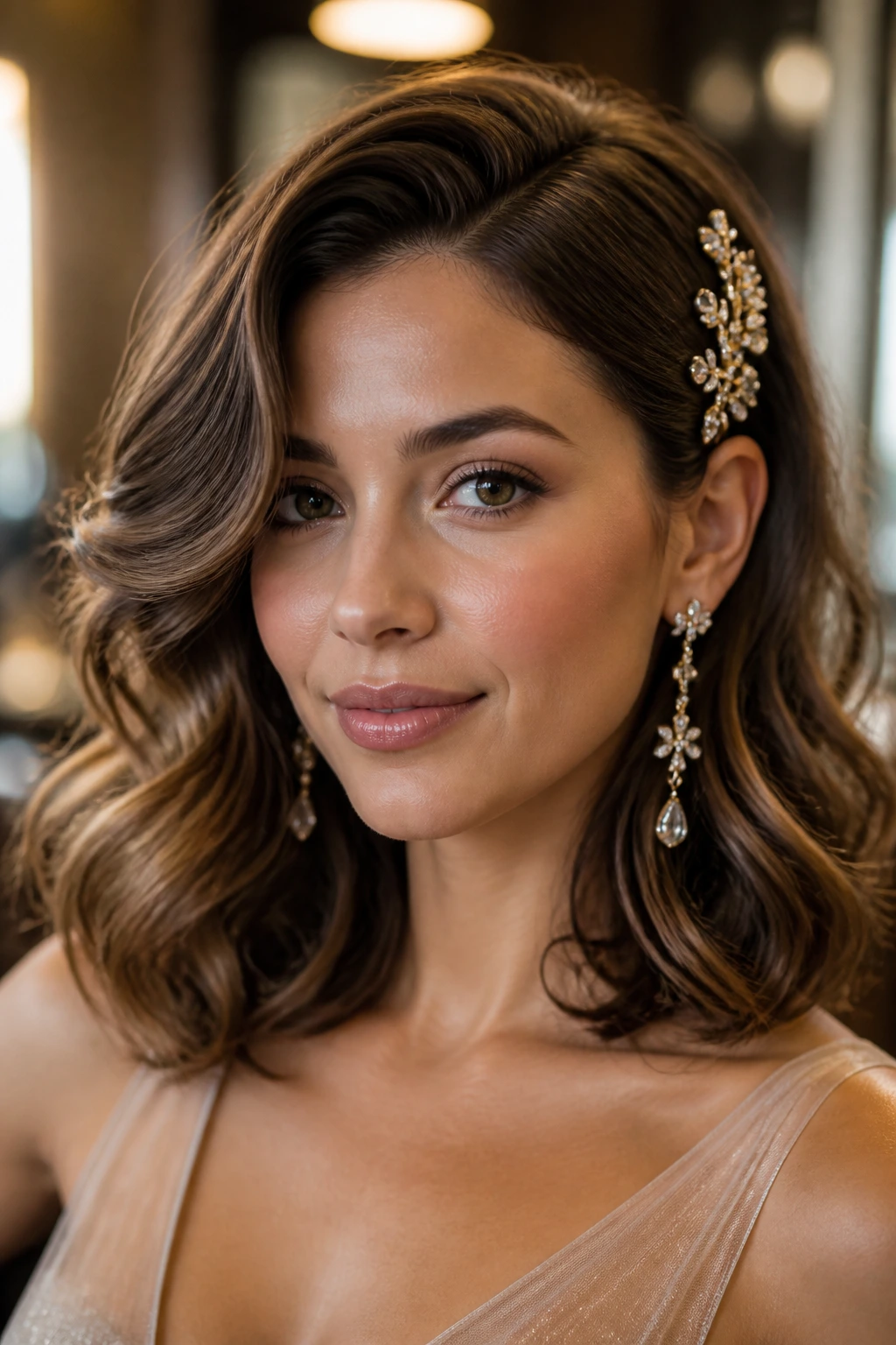 Real woman with glam swept waves and side-part with pin