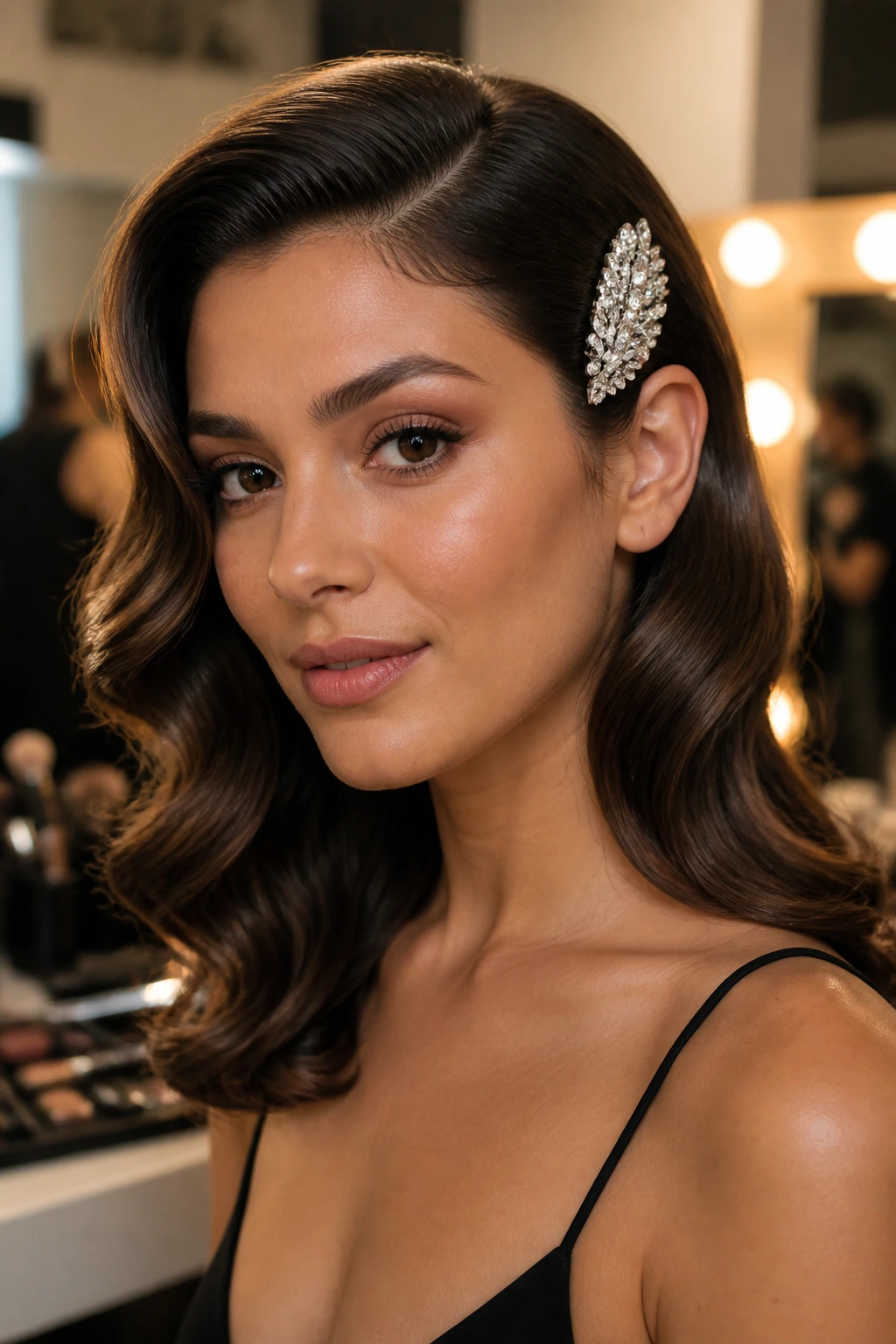 Close-up of real woman with glam waves and a statement clip hairstyle