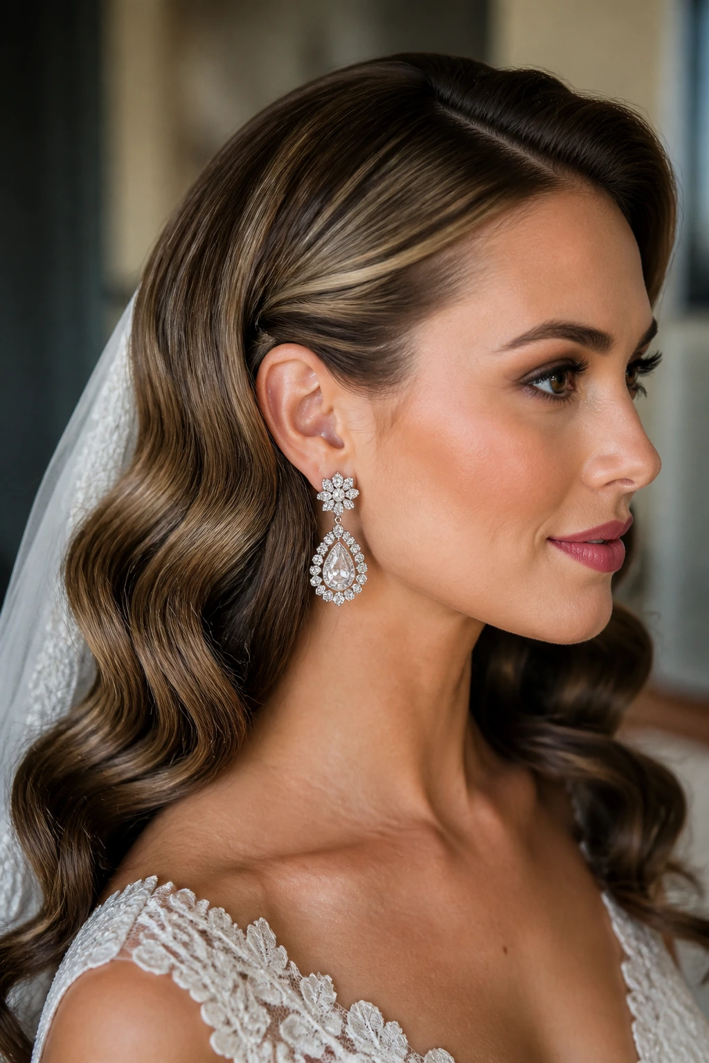 Bride with glam waves showing statement earrings in profile.