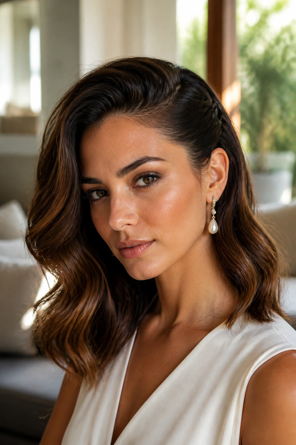 Real woman with glamour waves and one side tucked back behind the ear