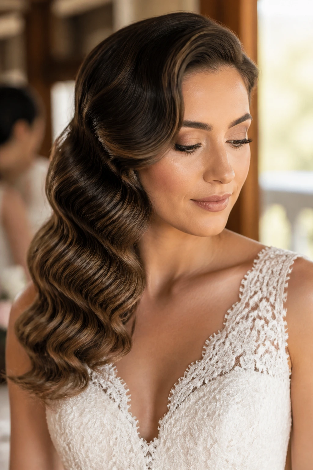 Close-up of a real bride with soft brushed-out glam waves