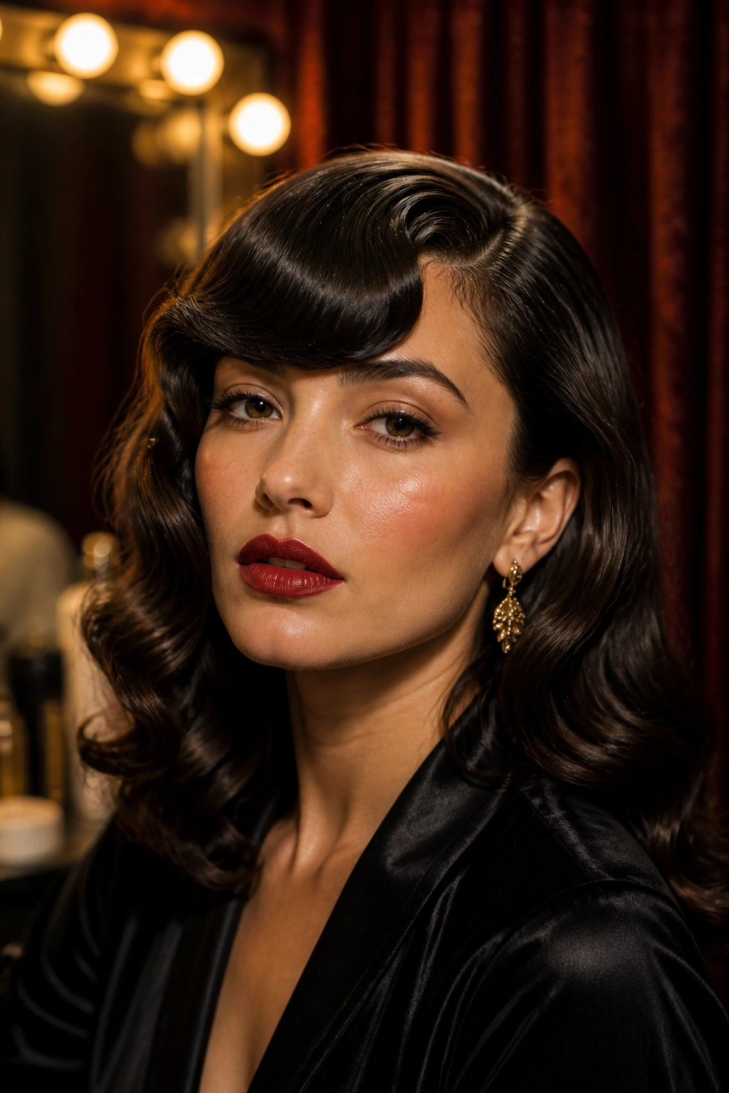 Close-up of a real woman with a glamorous S-wave fringe across the forehead.