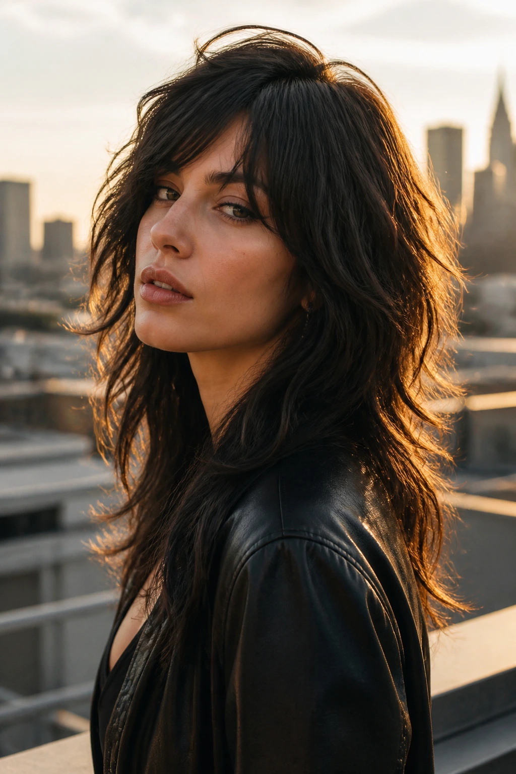Portrait of a real woman with glam rock long shag on rooftop at golden hour