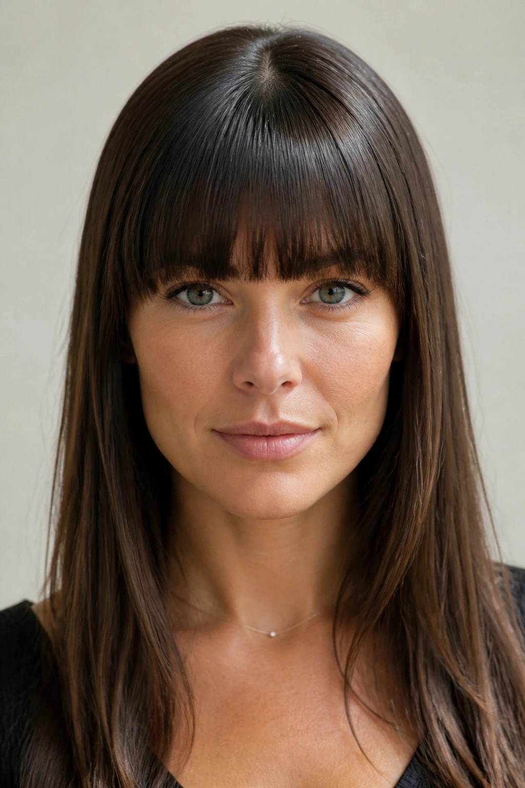 Portrait of a woman with glass-smooth straight bangs.