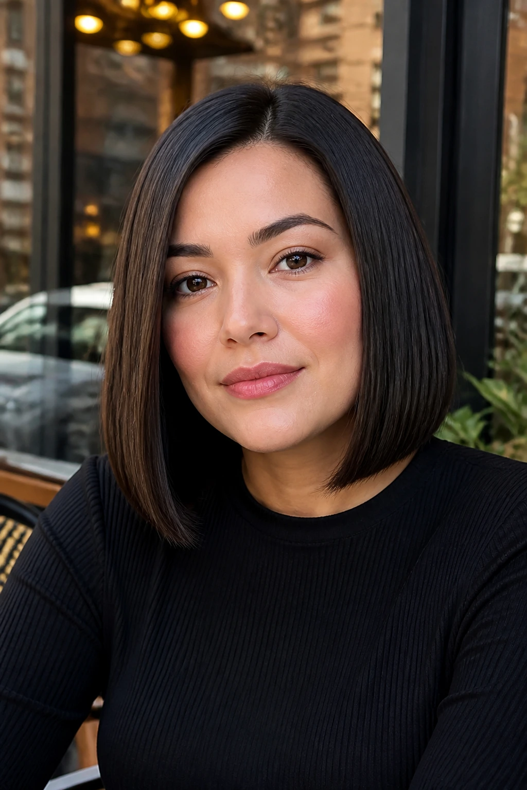 Close-up of real woman with sleek glass bob