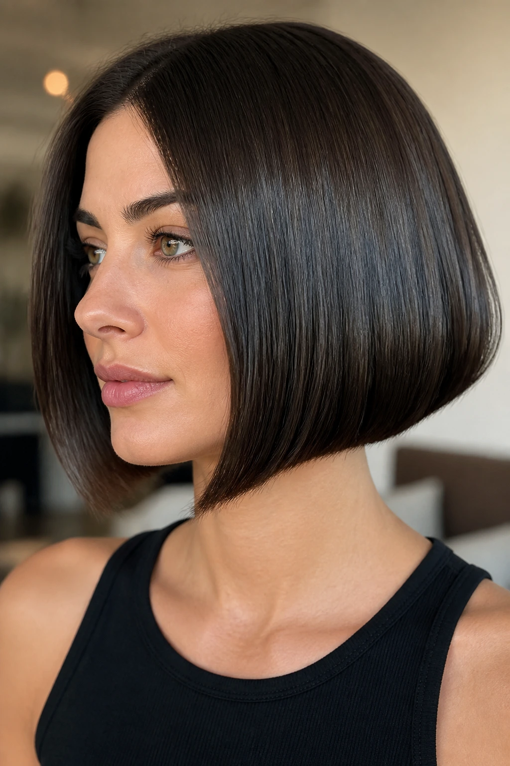 Portrait of a real woman with a sleek Glass Bob hairstyle