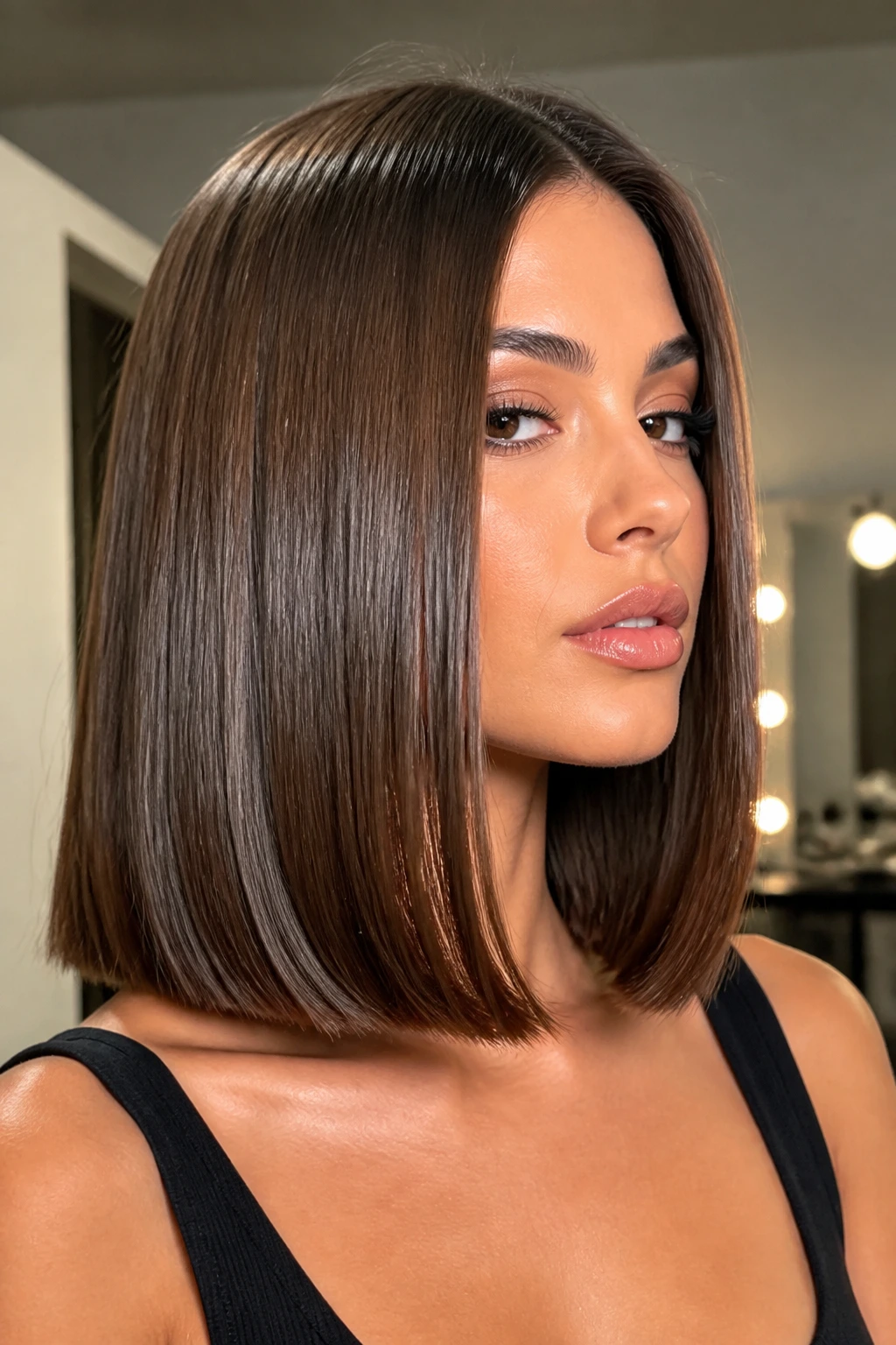 Close-up portrait of a real woman with Glass Bob at Shoulder Length showing a sleek, glossy line