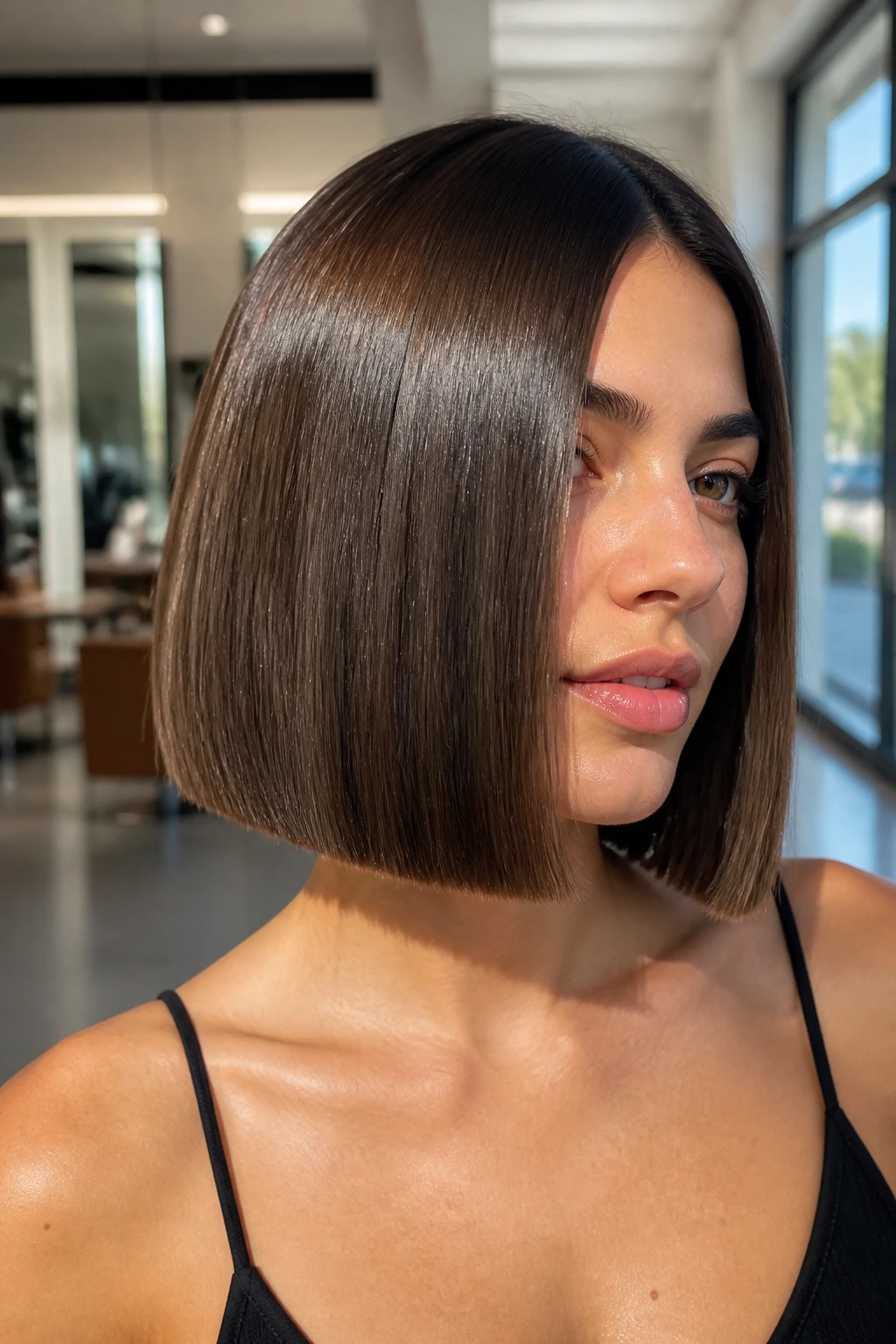 Glossy glass bob on a real woman